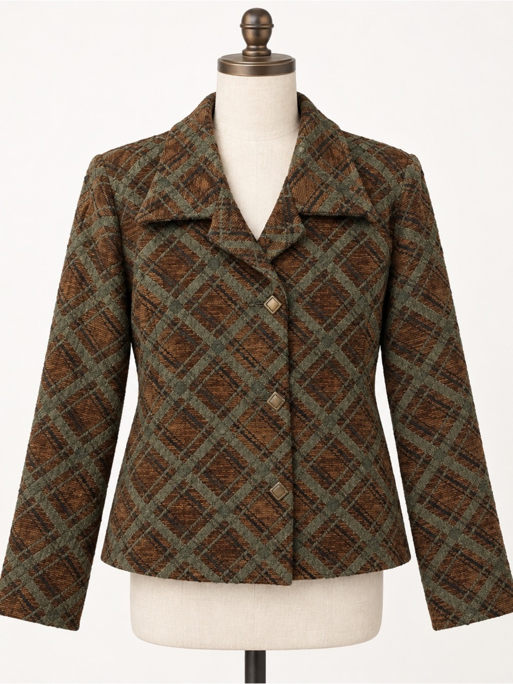 Vtg Beluva Plaid Tweed Blazer Brown Olive Diamond Artsy Fall Dark Academia Sz L